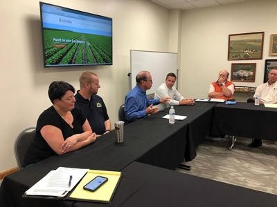U.S. Senator Mike Braun (blue shirt) is pictured during a recent meeting of his Ag' Advisory Council in Shelbyville.